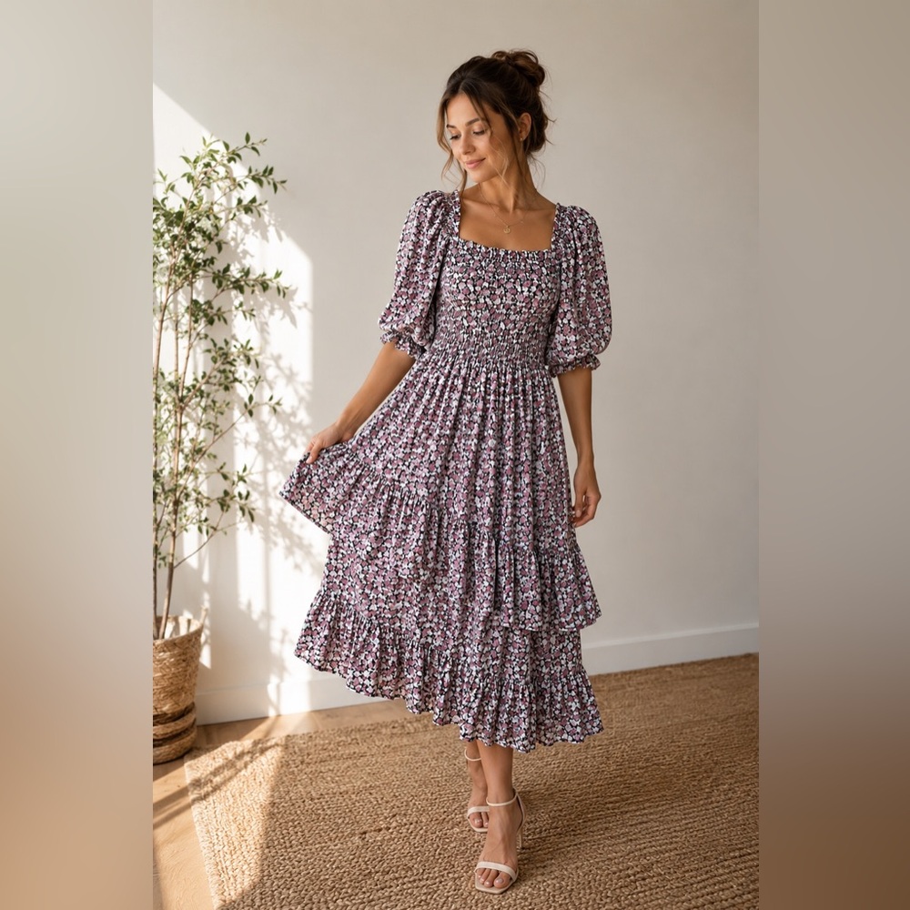 Ivy City Co Purple Floral Midi Dress with Puff Sleeves